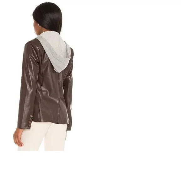 Central Park West Coco Faux Leather Fabric Mix Blazer in Brown, Small - Picture 3 of 10